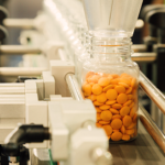 Bottle of pills in a manufacturing line